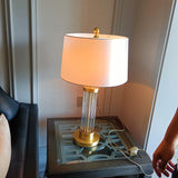 Elegant Modern Gold Bedside Table Lamp with White Linen Shade and Glass Base