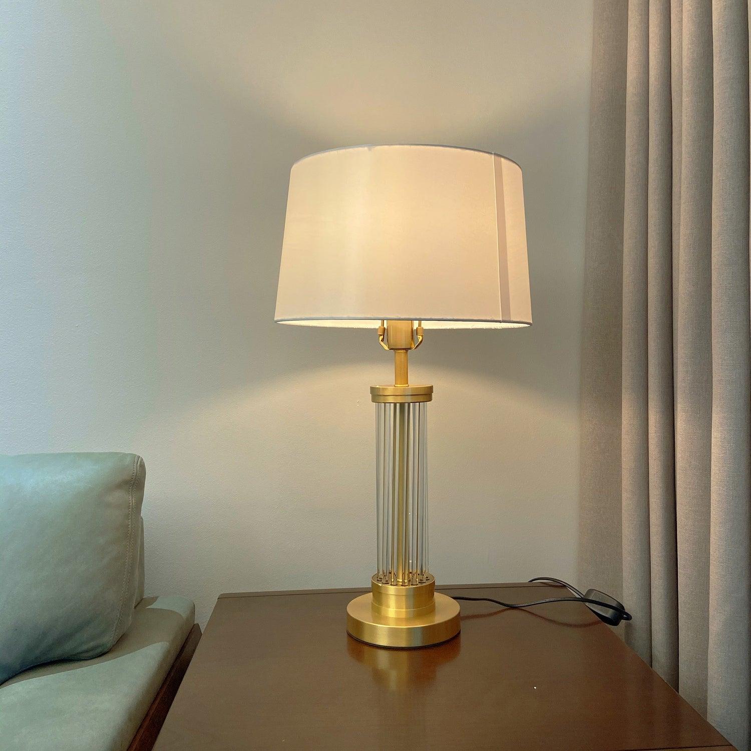 Elegant Modern Gold Bedside Table Lamp with White Linen Shade and Glass Base