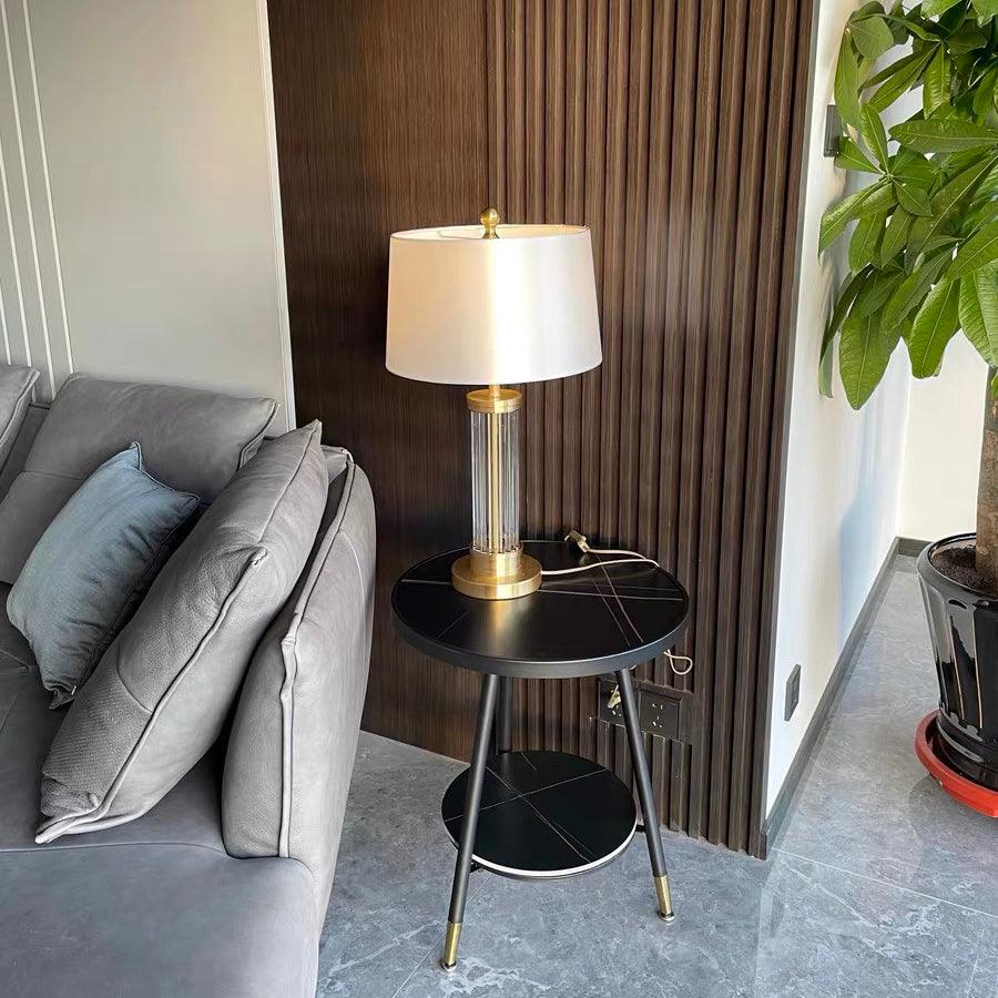 Elegant Modern Gold Bedside Table Lamp with White Linen Shade and Glass Base