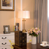Elegant Modern Gold Bedside Table Lamp with White Linen Shade and Glass Base