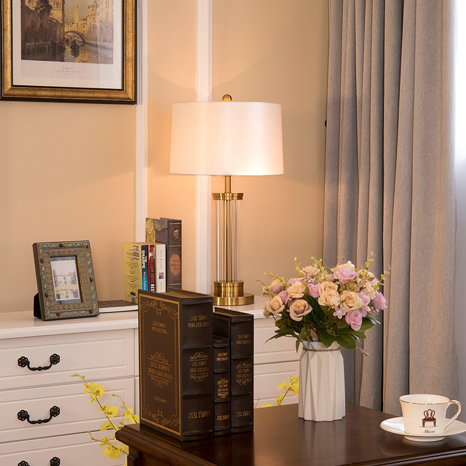 Elegant Modern Gold Bedside Table Lamp with White Linen Shade and Glass Base