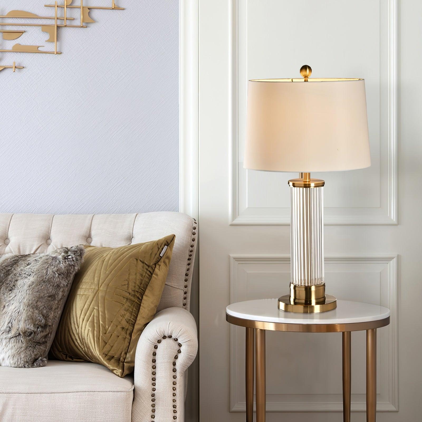 Elegant Modern Gold Bedside Table Lamp with White Linen Shade and Glass Base