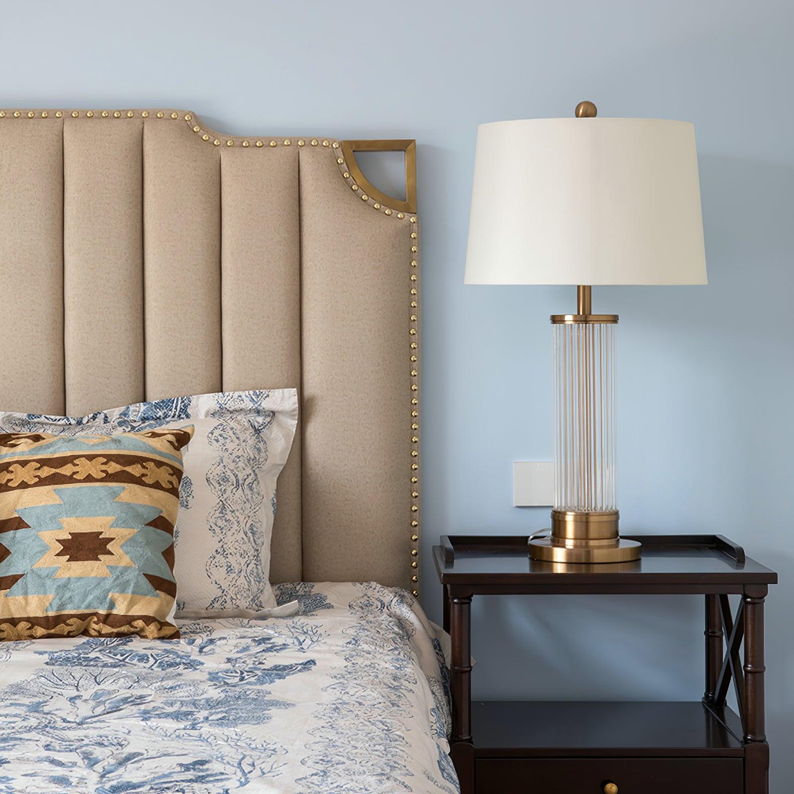 Elegant Modern Gold Bedside Table Lamp with White Linen Shade and Glass Base