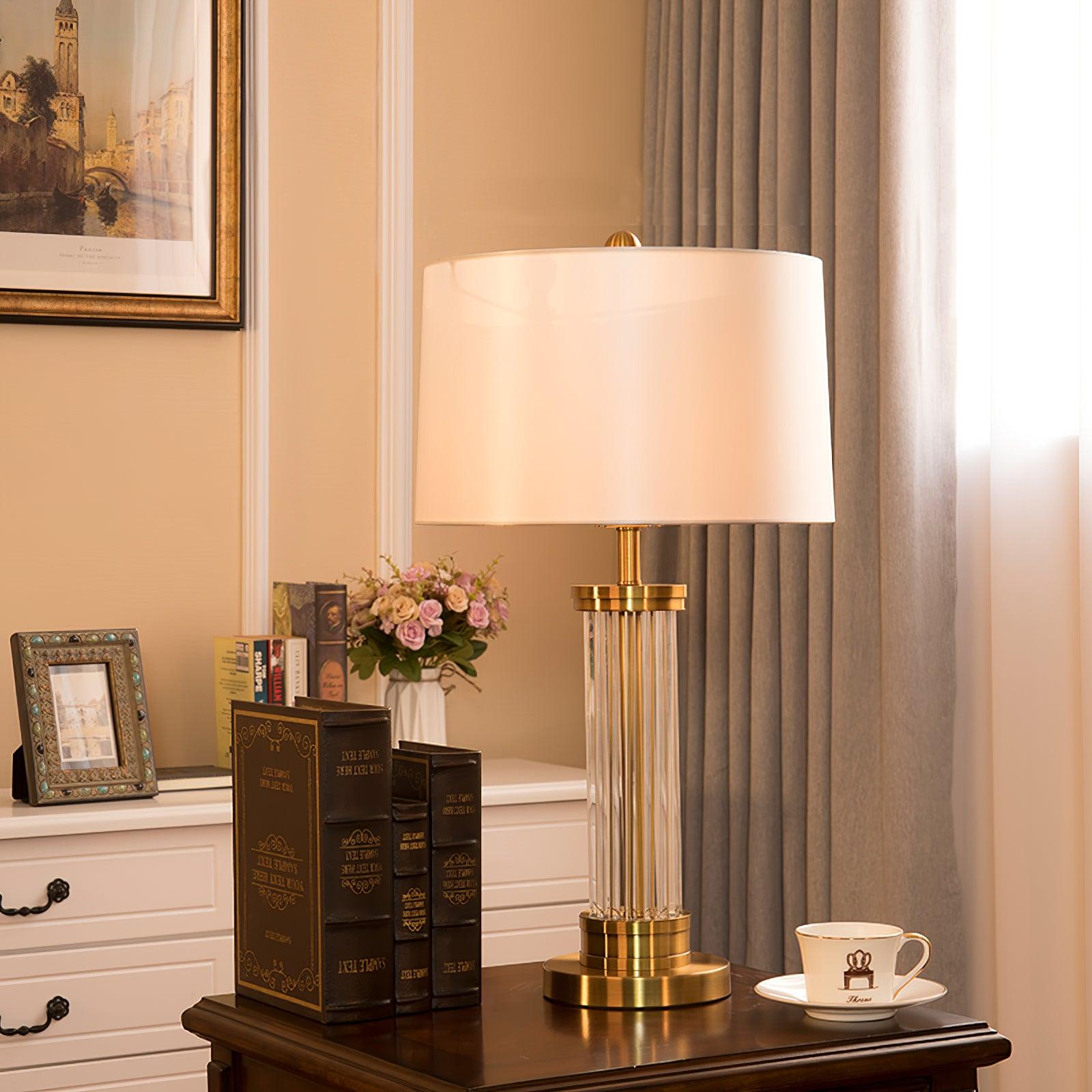 Elegant Modern Gold Bedside Table Lamp with White Linen Shade and Glass Base