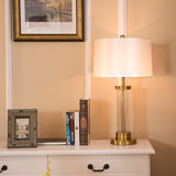 Elegant Modern Gold Bedside Table Lamp with White Linen Shade and Glass Base