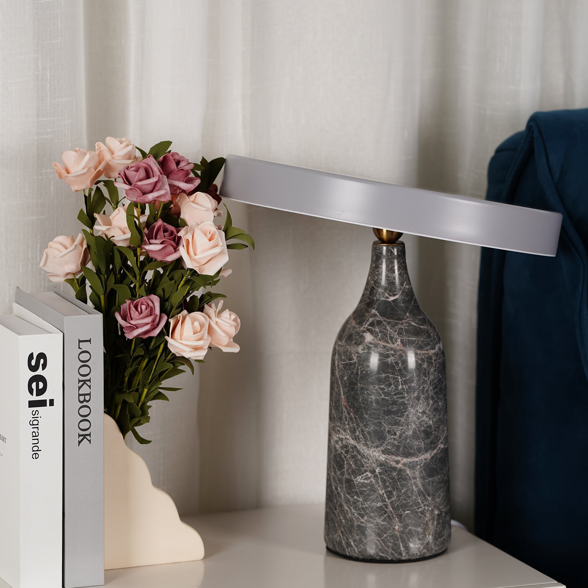 Eddy Modern Marble Base Table Lamp with Adjustable Steel Shade and Integrated LED