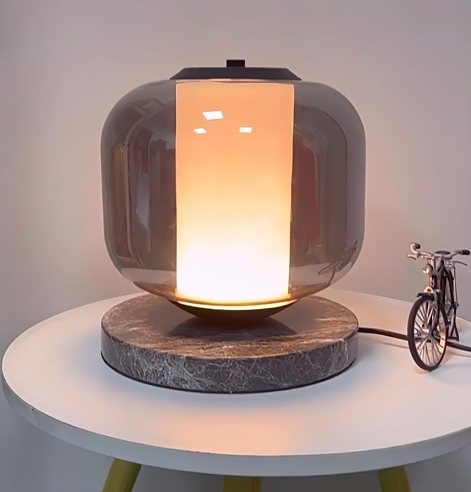 Modern Marble Table Lamp with Smoke Gray Glass Shade Contemporary Bedside Reading Light