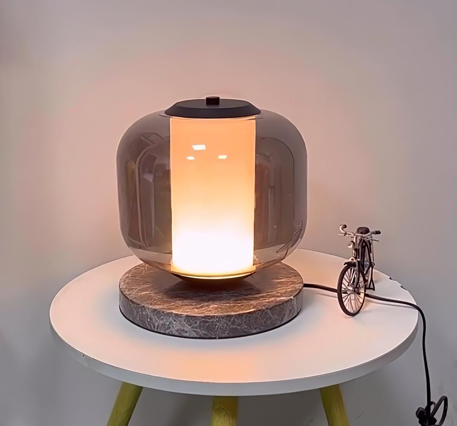 Modern Marble Table Lamp with Smoke Gray Glass Shade Contemporary Bedside Reading Light