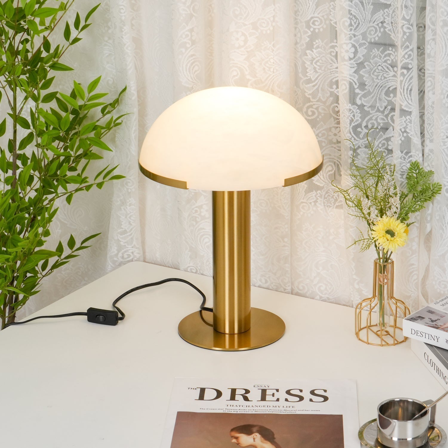 Contemporary Alabaster Stone Table Lamp with Bronze Finish for Luxury Bedroom and Office Lighting