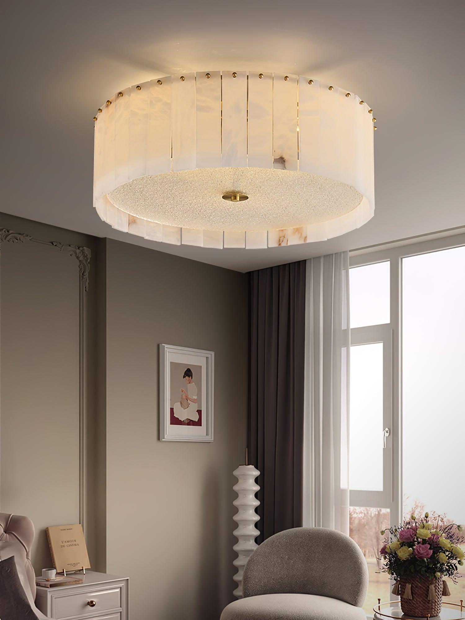 Luxury Elysian Natural Alabaster Flush Mount Ceiling Light with Brass Detailing and Glass Diffuser