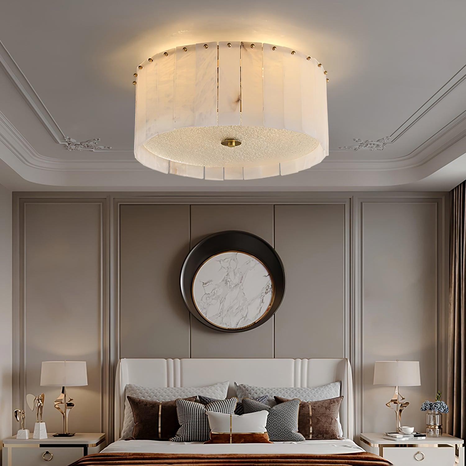 Luxury Elysian Natural Alabaster Flush Mount Ceiling Light with Brass Detailing and Glass Diffuser