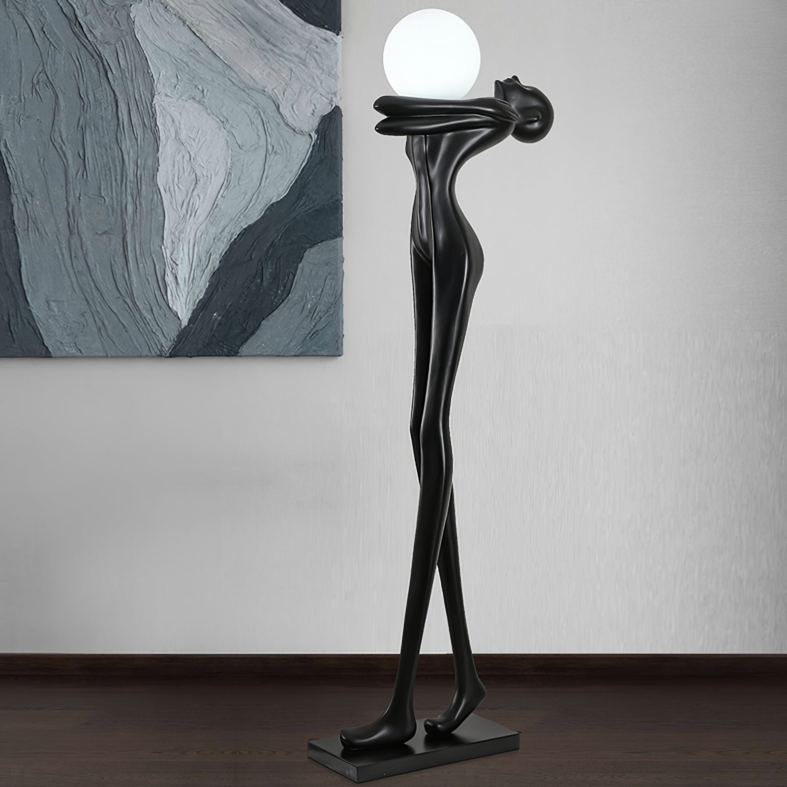Modern Artistic Figure Floor Lamp with White Glass Globe Sculpture Standing Light