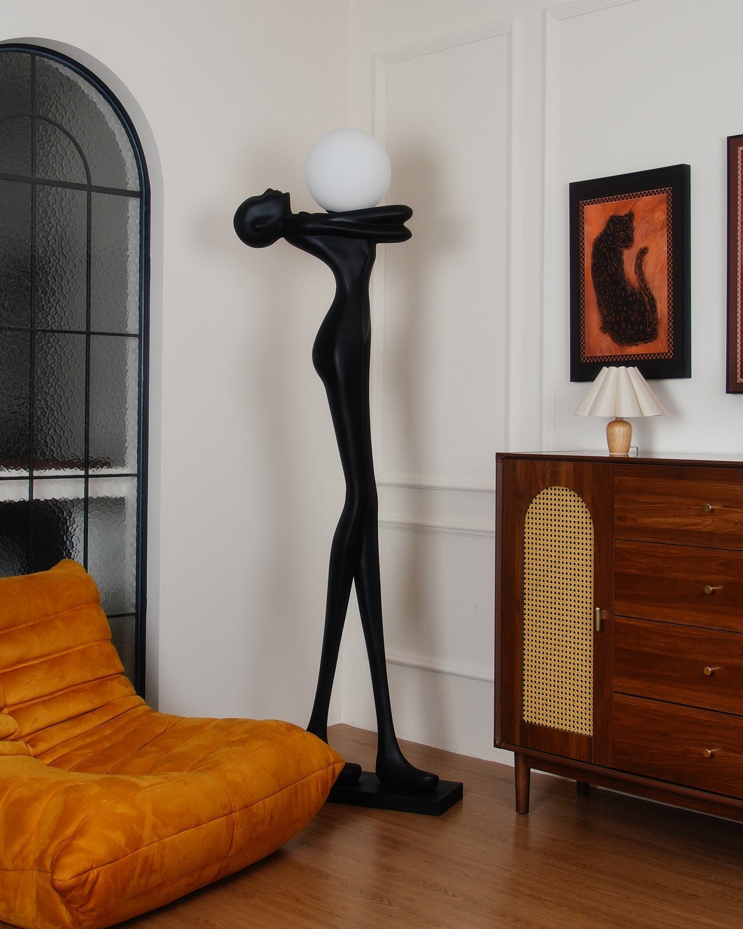 Modern Artistic Figure Floor Lamp with White Glass Globe Sculpture Standing Light
