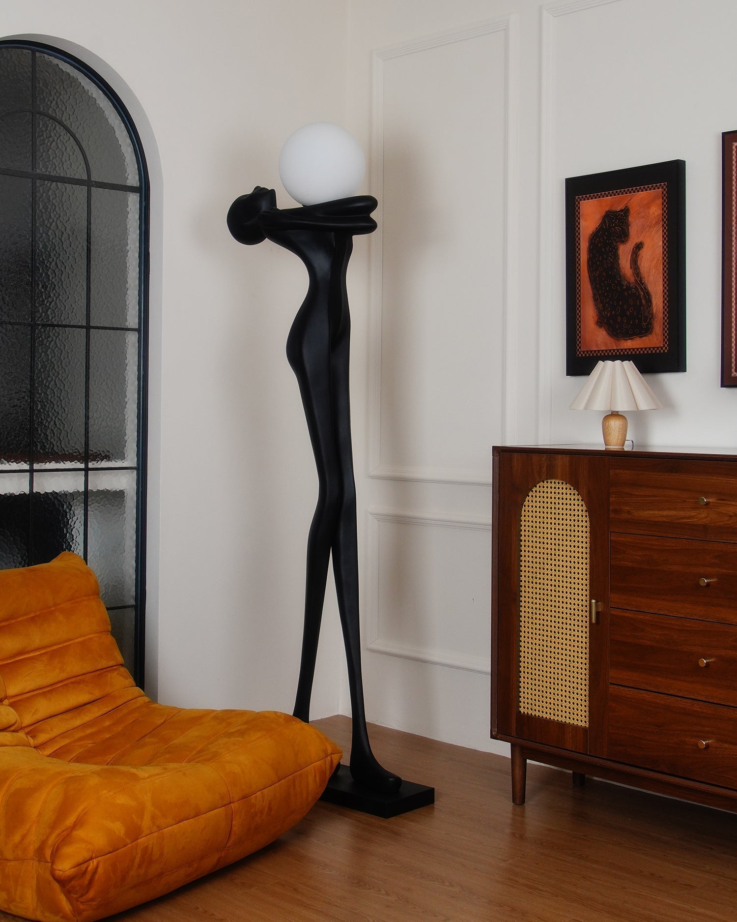 Modern Artistic Figure Floor Lamp with White Glass Globe Sculpture Standing Light
