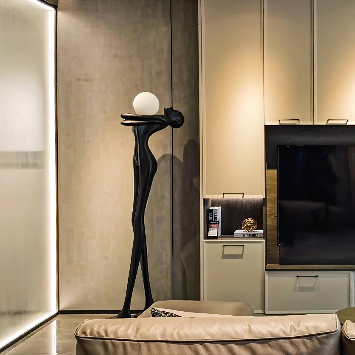 Modern Artistic Figure Floor Lamp with White Glass Globe Sculpture Standing Light