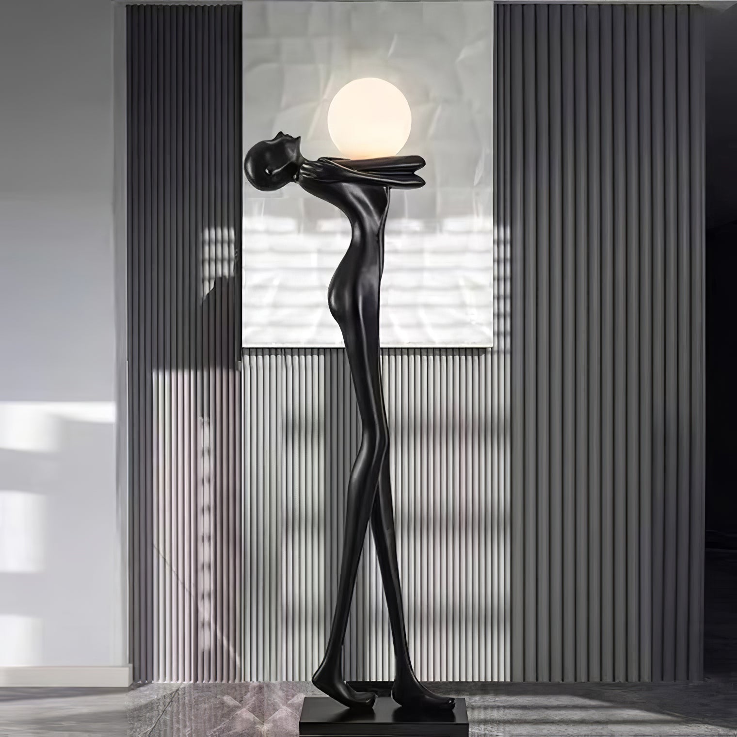 Modern Artistic Figure Floor Lamp with White Glass Globe Sculpture Standing Light