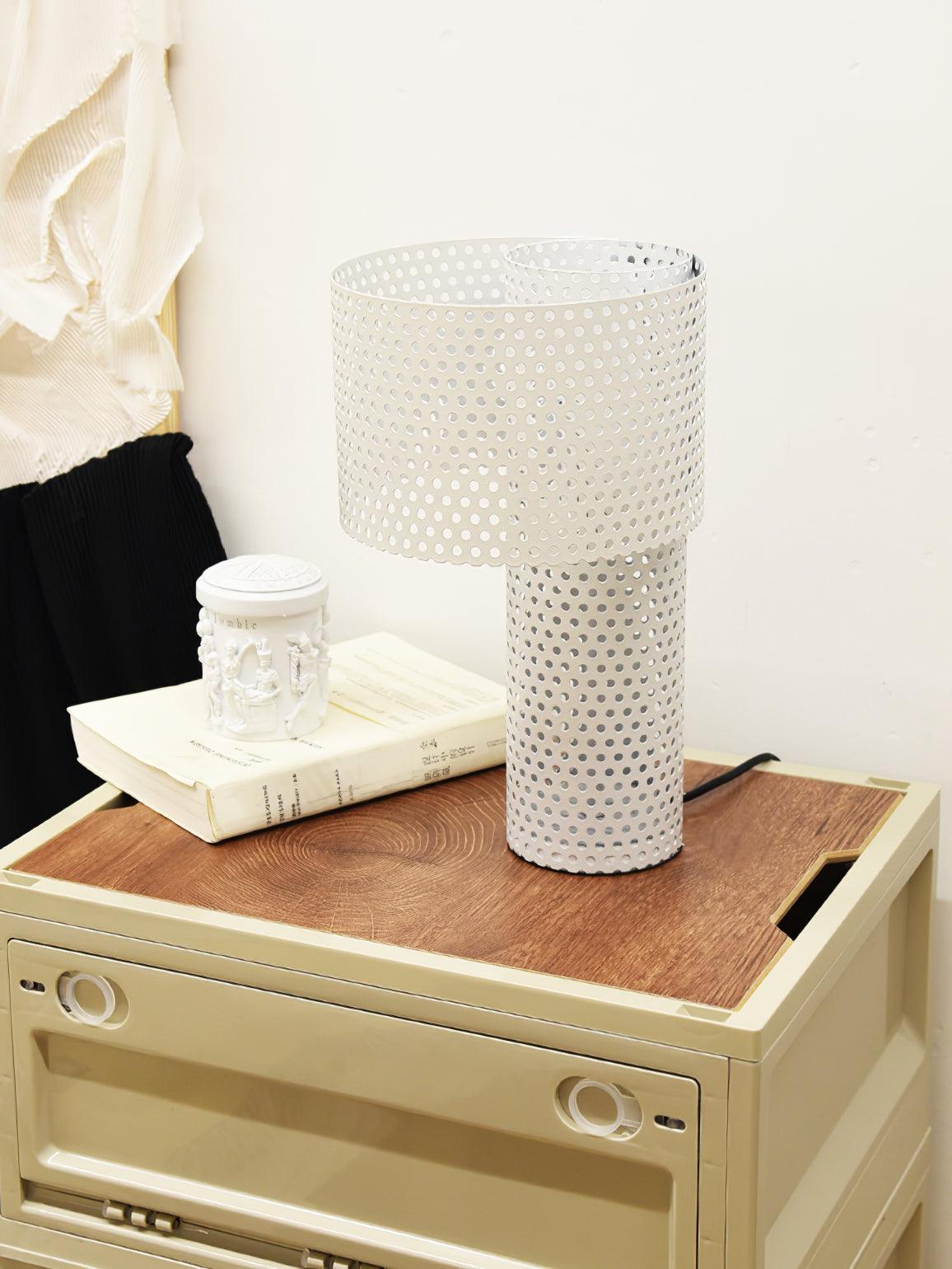 Modern White Perforated Metal Table Lamp Geometric Bedside Desk Light for Contemporary Interiors