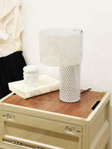 Modern White Perforated Metal Table Lamp Geometric Bedside Desk Light for Contemporary Interiors
