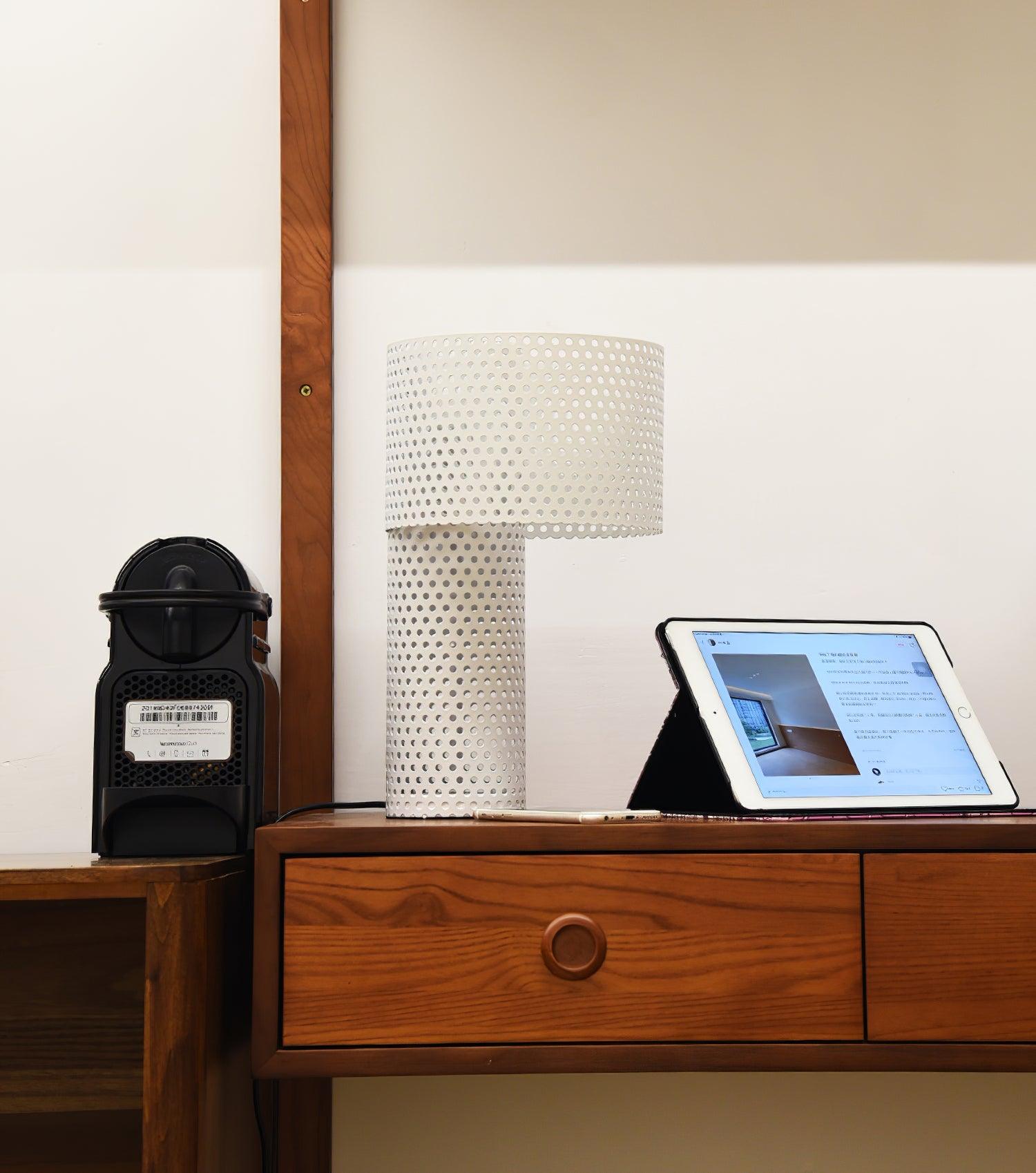 Modern White Perforated Metal Table Lamp Geometric Bedside Desk Light for Contemporary Interiors