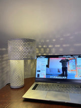 Modern White Perforated Metal Table Lamp Geometric Bedside Desk Light for Contemporary Interiors