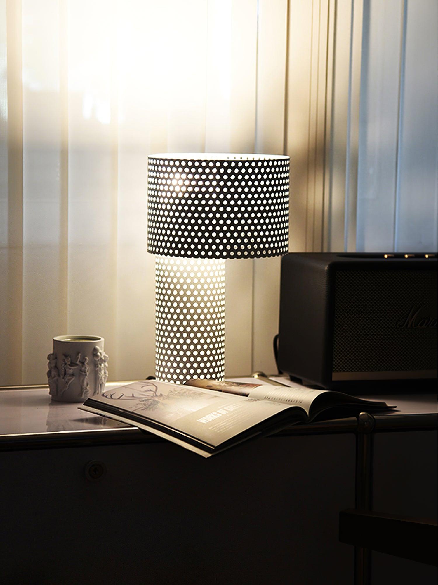 Modern White Perforated Metal Table Lamp Geometric Bedside Desk Light for Contemporary Interiors