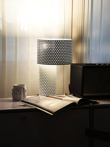 Modern White Perforated Metal Table Lamp Geometric Bedside Desk Light for Contemporary Interiors