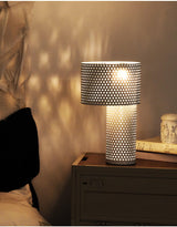 Modern White Perforated Metal Table Lamp Geometric Bedside Desk Light for Contemporary Interiors