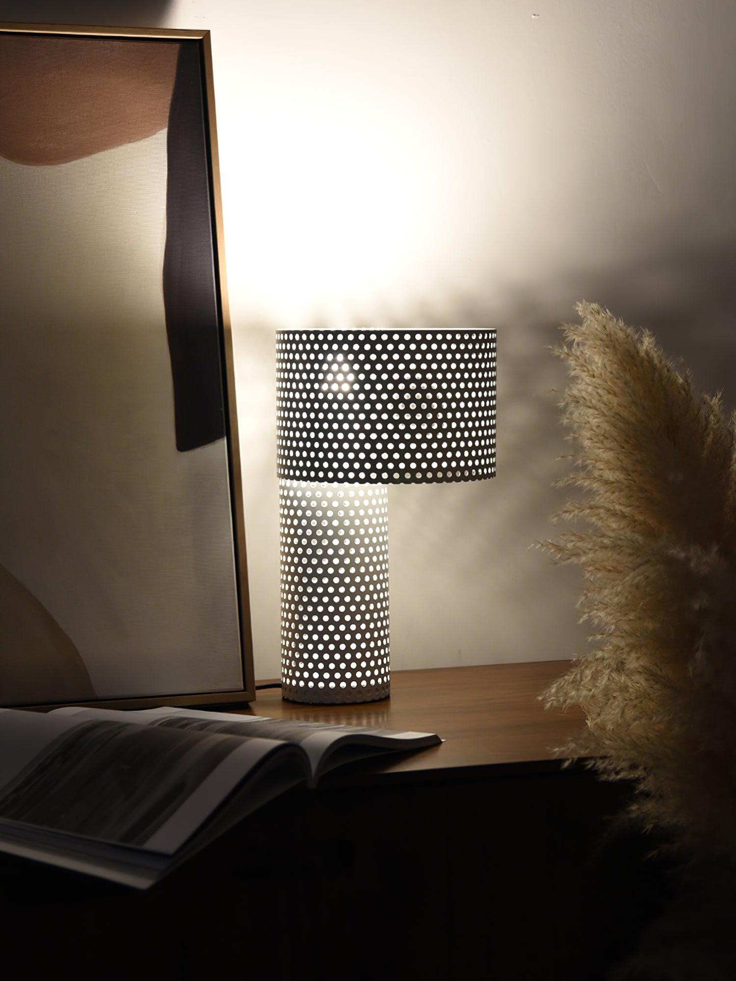 Modern White Perforated Metal Table Lamp Geometric Bedside Desk Light for Contemporary Interiors