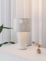 Modern White Perforated Metal Table Lamp Geometric Bedside Desk Light for Contemporary Interiors
