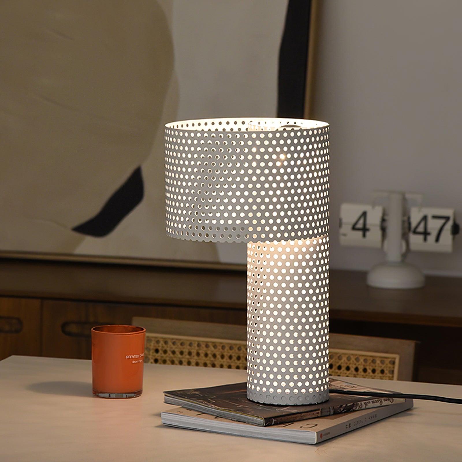 Modern White Perforated Metal Table Lamp Geometric Bedside Desk Light for Contemporary Interiors