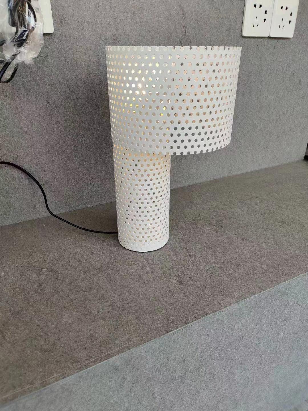 Modern White Perforated Metal Table Lamp Geometric Bedside Desk Light for Contemporary Interiors