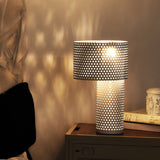Modern White Perforated Metal Table Lamp Geometric Bedside Desk Light for Contemporary Interiors