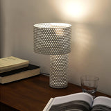 Modern White Perforated Metal Table Lamp Geometric Bedside Desk Light for Contemporary Interiors