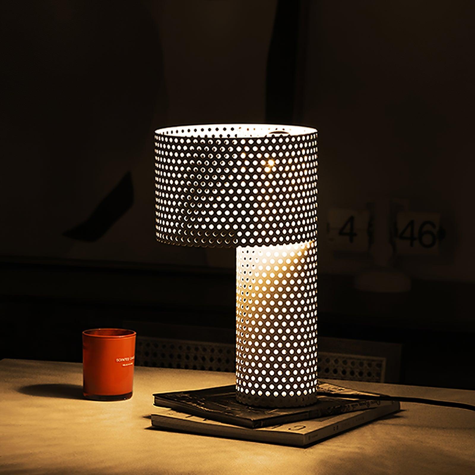 Modern White Perforated Metal Table Lamp Geometric Bedside Desk Light for Contemporary Interiors