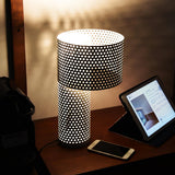 Modern White Perforated Metal Table Lamp Geometric Bedside Desk Light for Contemporary Interiors