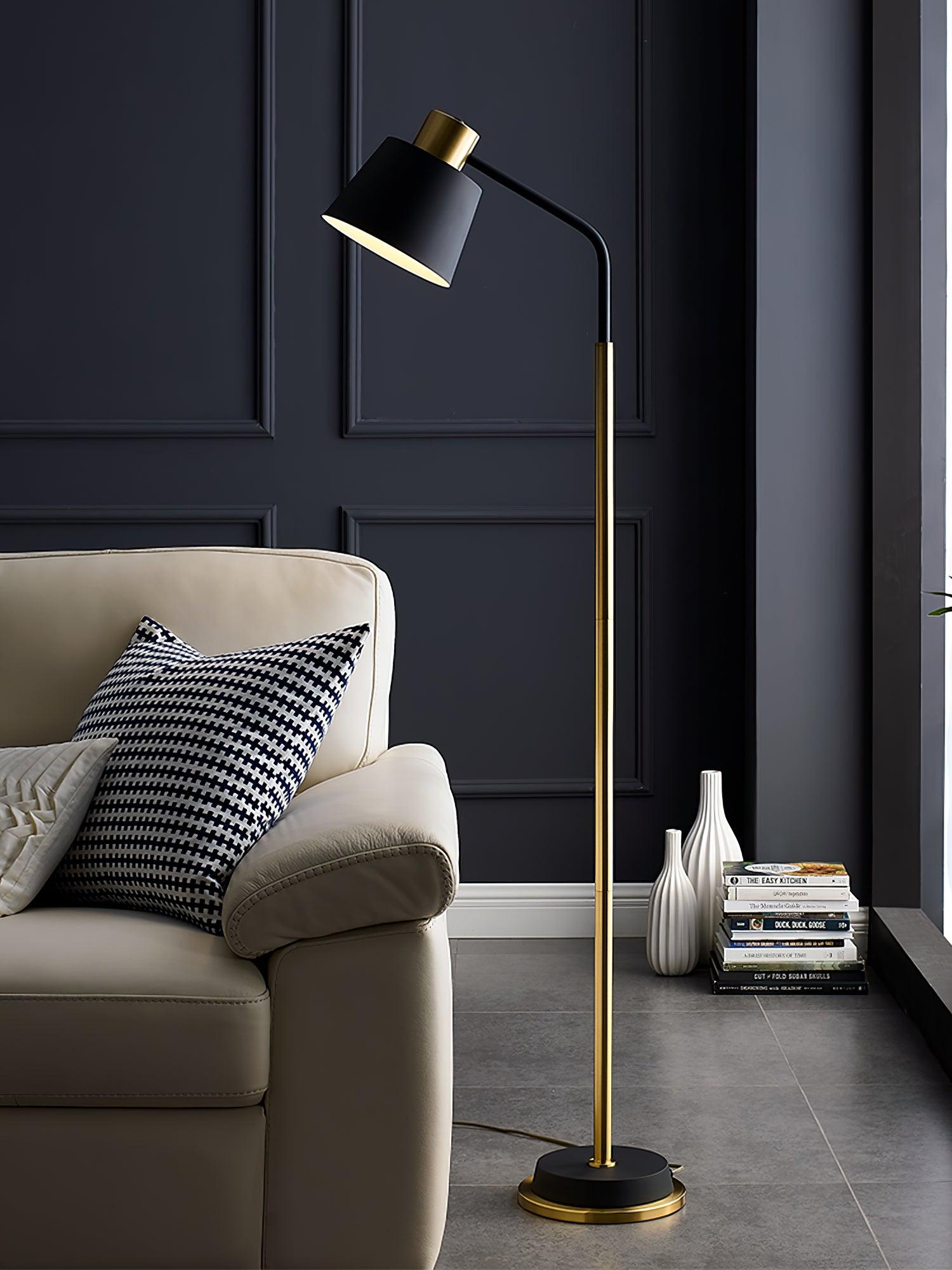 Emmental Mid Century Modern Slender Iron Floor Lamp with Adjustable Shade Gold Finish