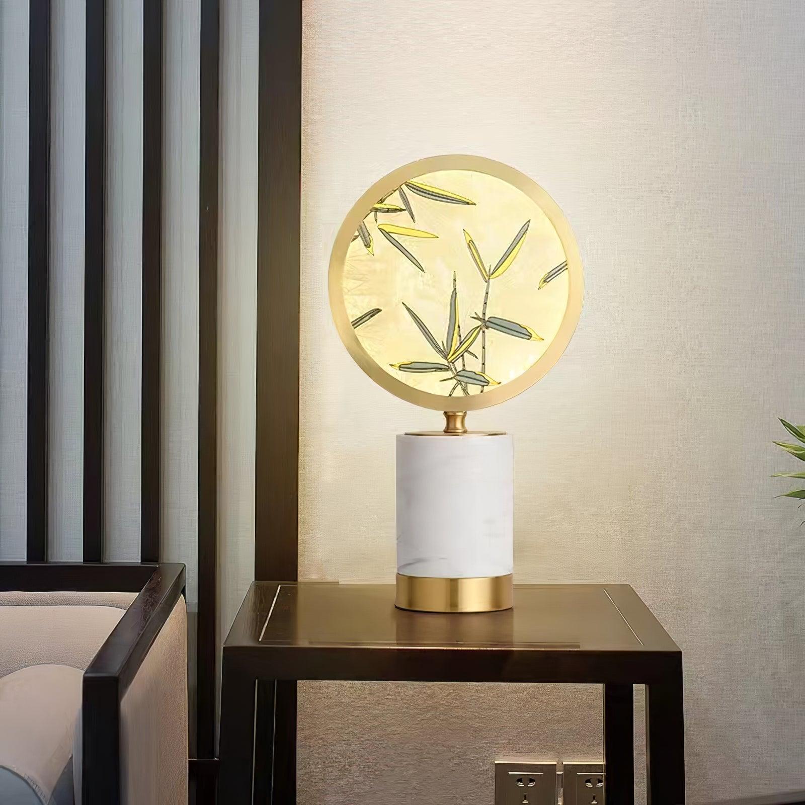 Mid Century Modern Marble and Hand Painted Bamboo Glass Table Lamp for Bedroom and Office