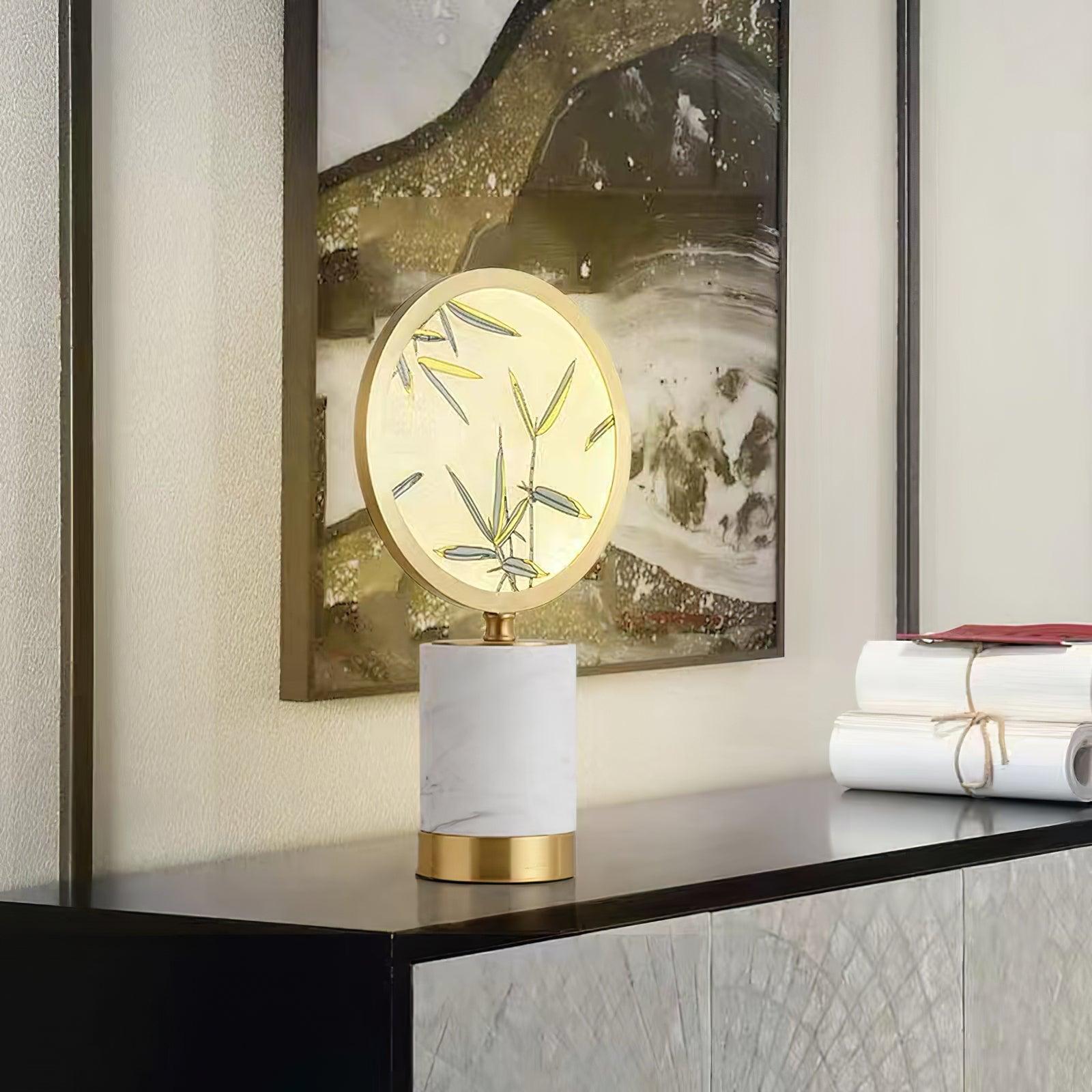 Mid Century Modern Marble and Hand Painted Bamboo Glass Table Lamp for Bedroom and Office