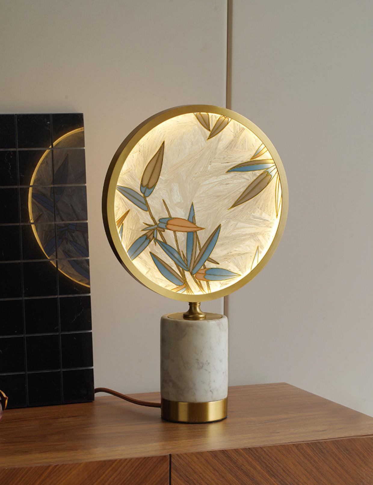 Mid Century Modern Marble and Hand Painted Bamboo Glass Table Lamp for Bedroom and Office