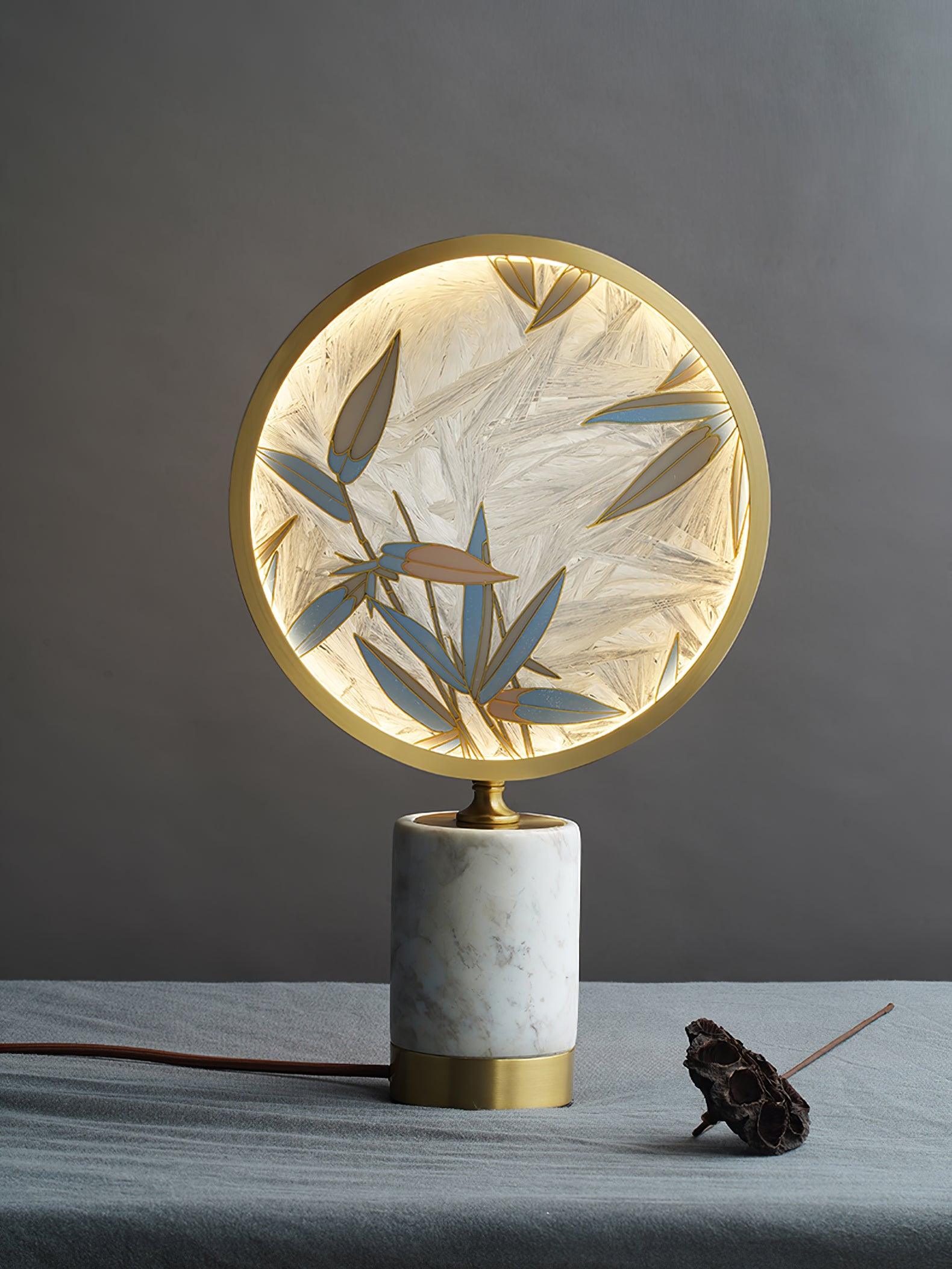 Mid Century Modern Marble and Hand Painted Bamboo Glass Table Lamp for Bedroom and Office
