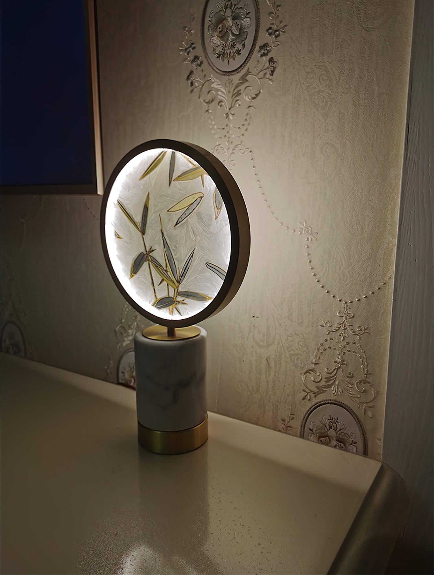 Mid Century Modern Marble and Hand Painted Bamboo Glass Table Lamp for Bedroom and Office