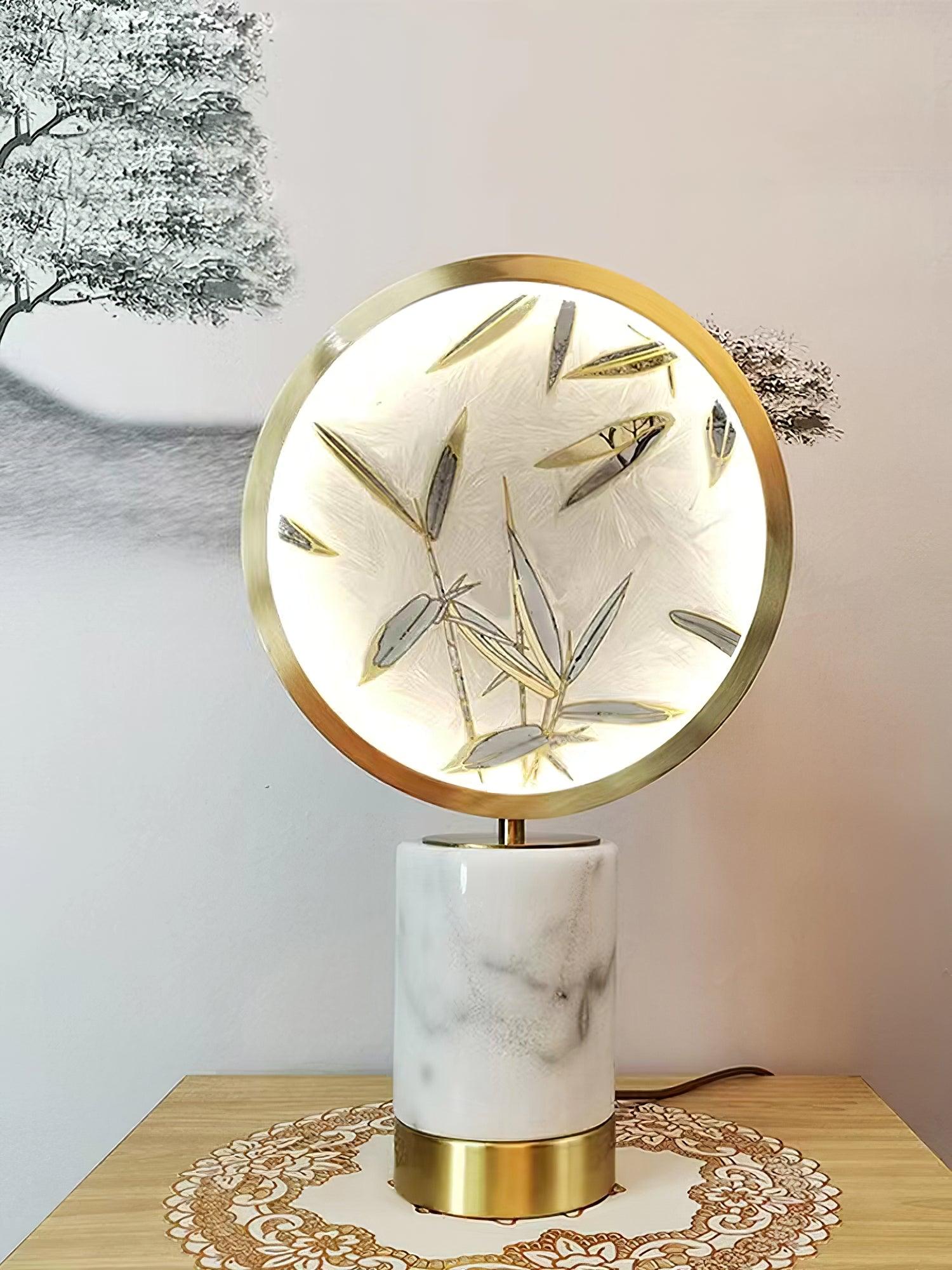 Mid Century Modern Marble and Hand Painted Bamboo Glass Table Lamp for Bedroom and Office