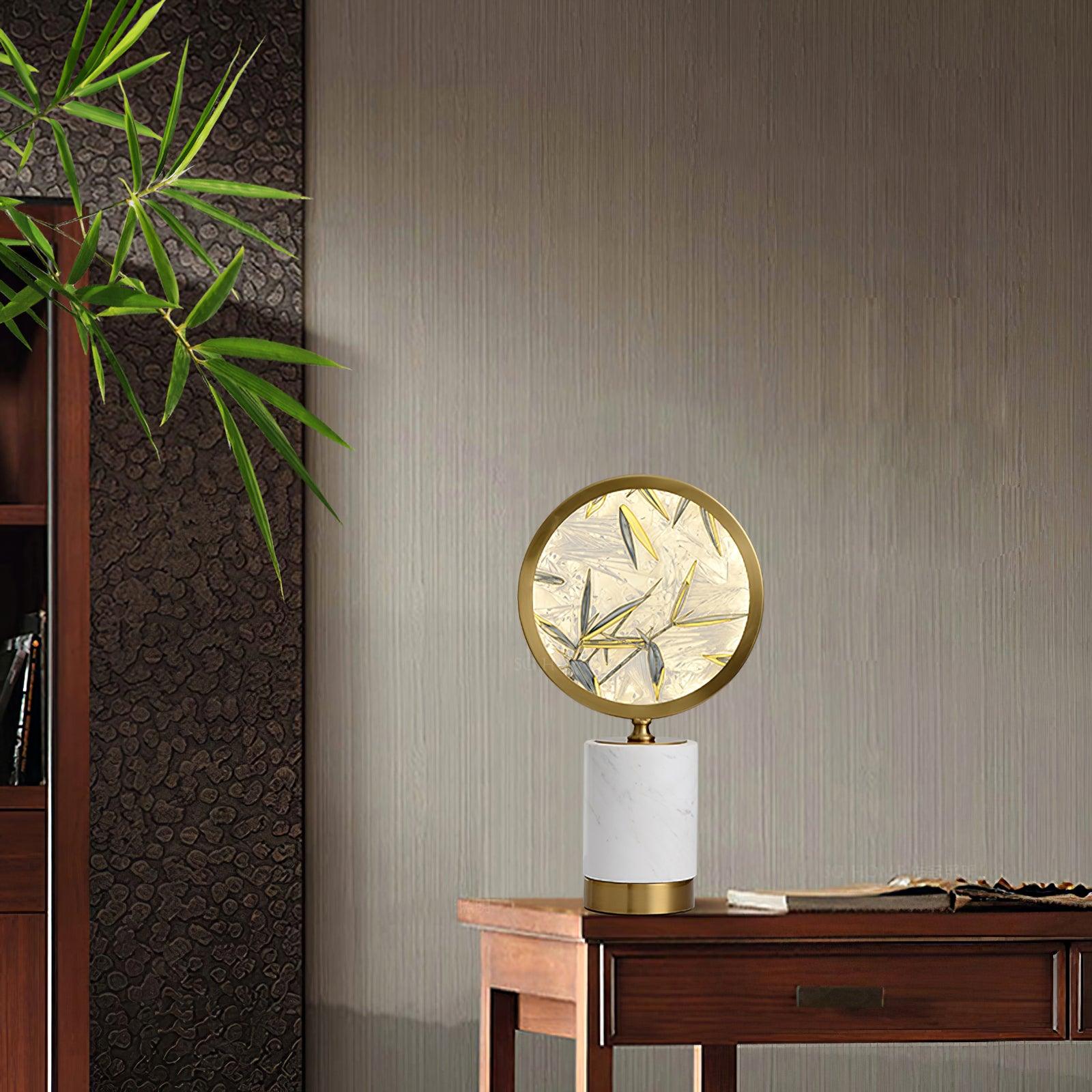 Mid Century Modern Marble and Hand Painted Bamboo Glass Table Lamp for Bedroom and Office