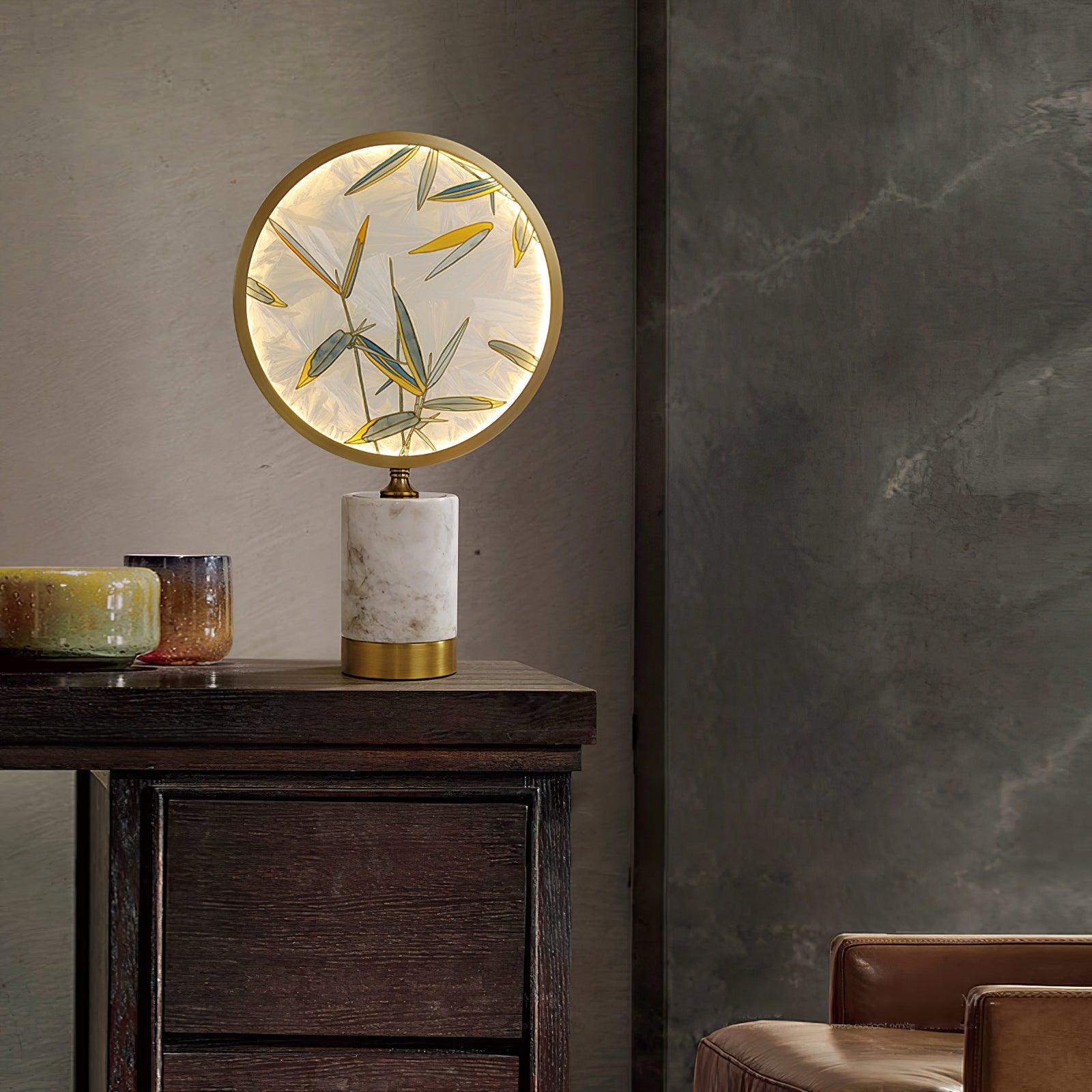 Mid Century Modern Marble and Hand Painted Bamboo Glass Table Lamp for Bedroom and Office