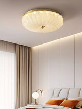 Modern Round Glass LED Flush Mount Ceiling Lamp with Gold Accents and Opaque Diffuser
