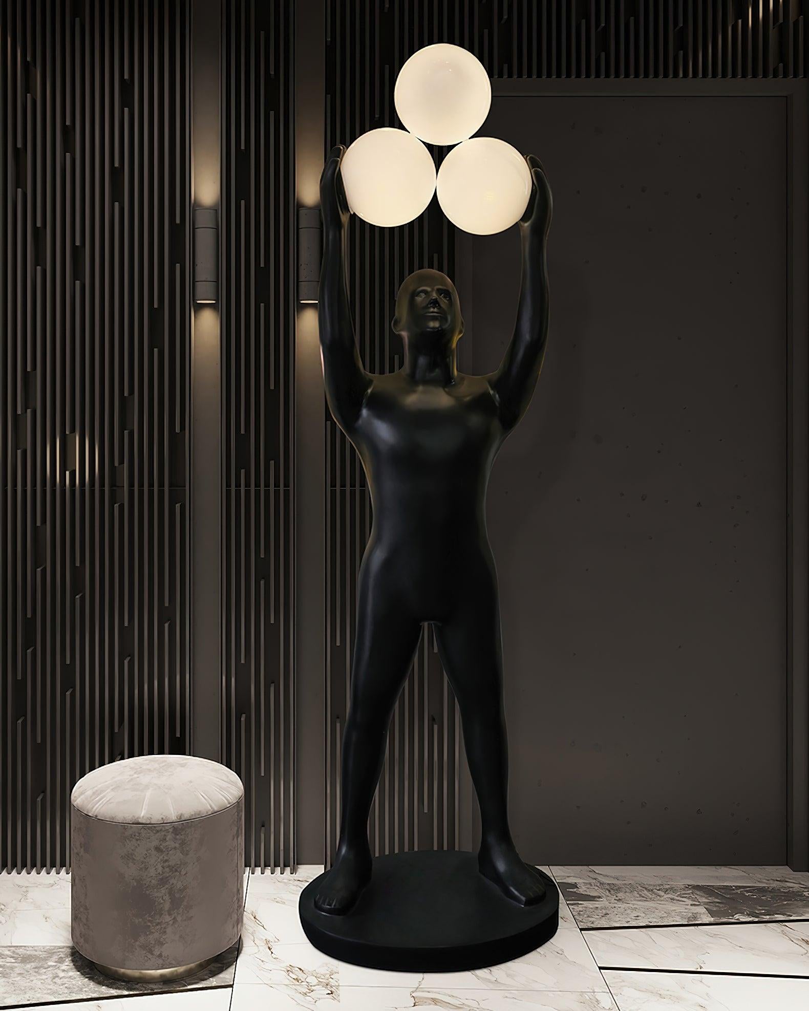 Artistic Humanoid Figure Standing Lamp with Triple Glass Spheres for Modern Living Room
