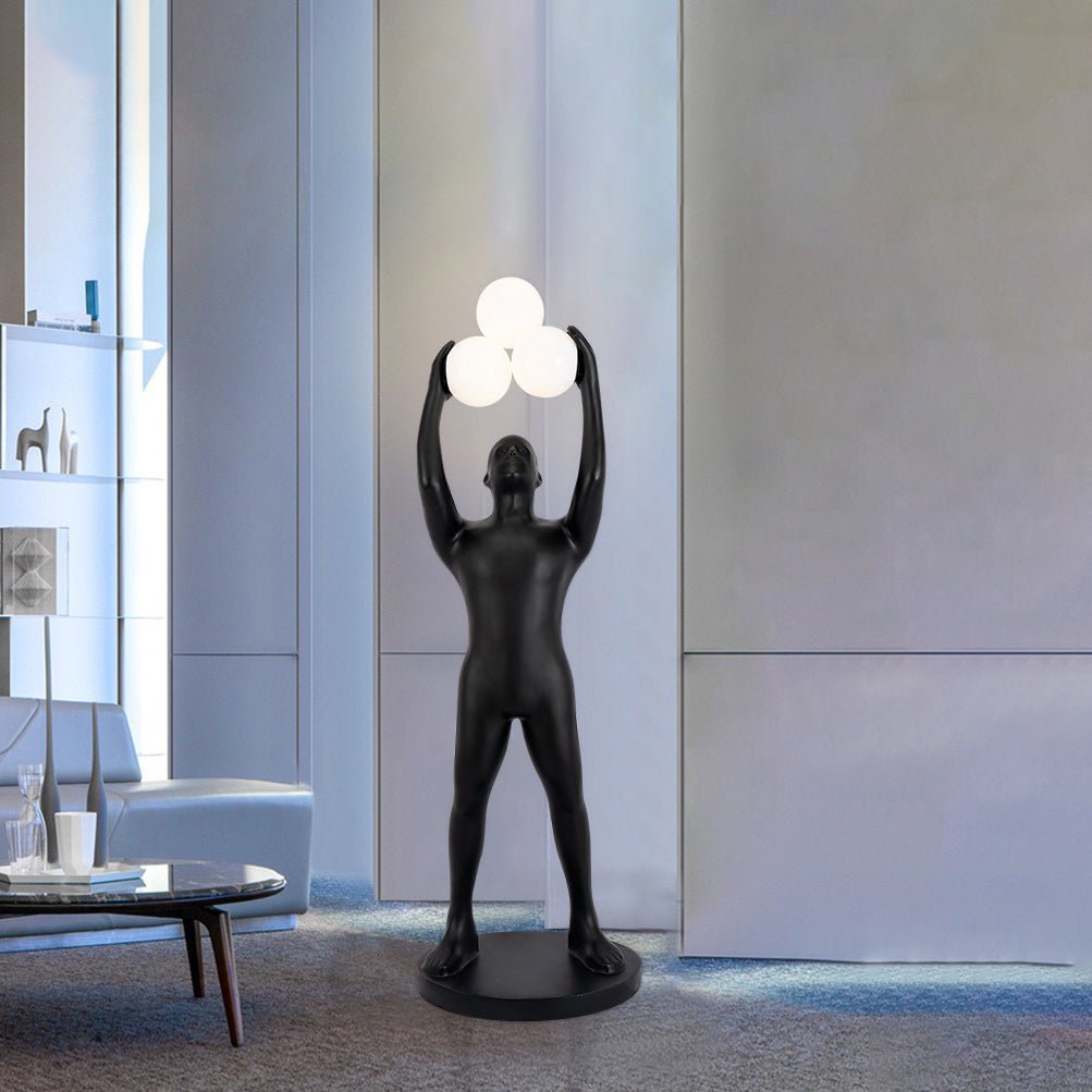 Artistic Humanoid Figure Standing Lamp with Triple Glass Spheres for Modern Living Room