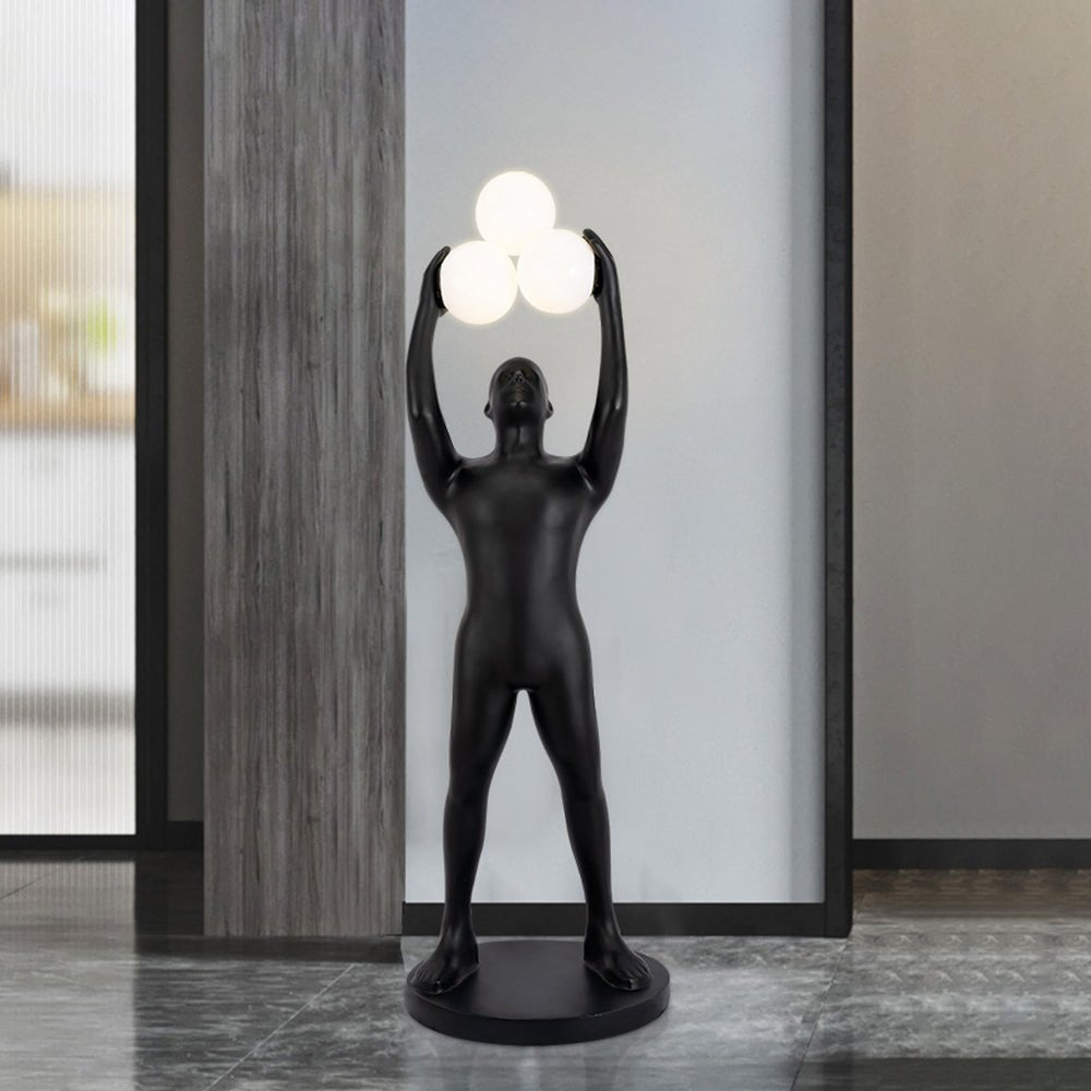 Artistic Humanoid Figure Standing Lamp with Triple Glass Spheres for Modern Living Room