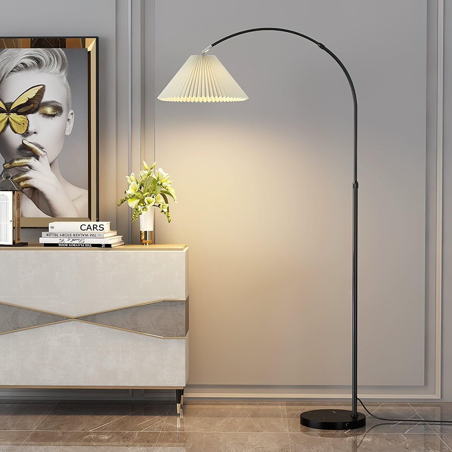 modern-arched-floor-lamp-with-pleated-white-shade-and-matte-black-metal-frame