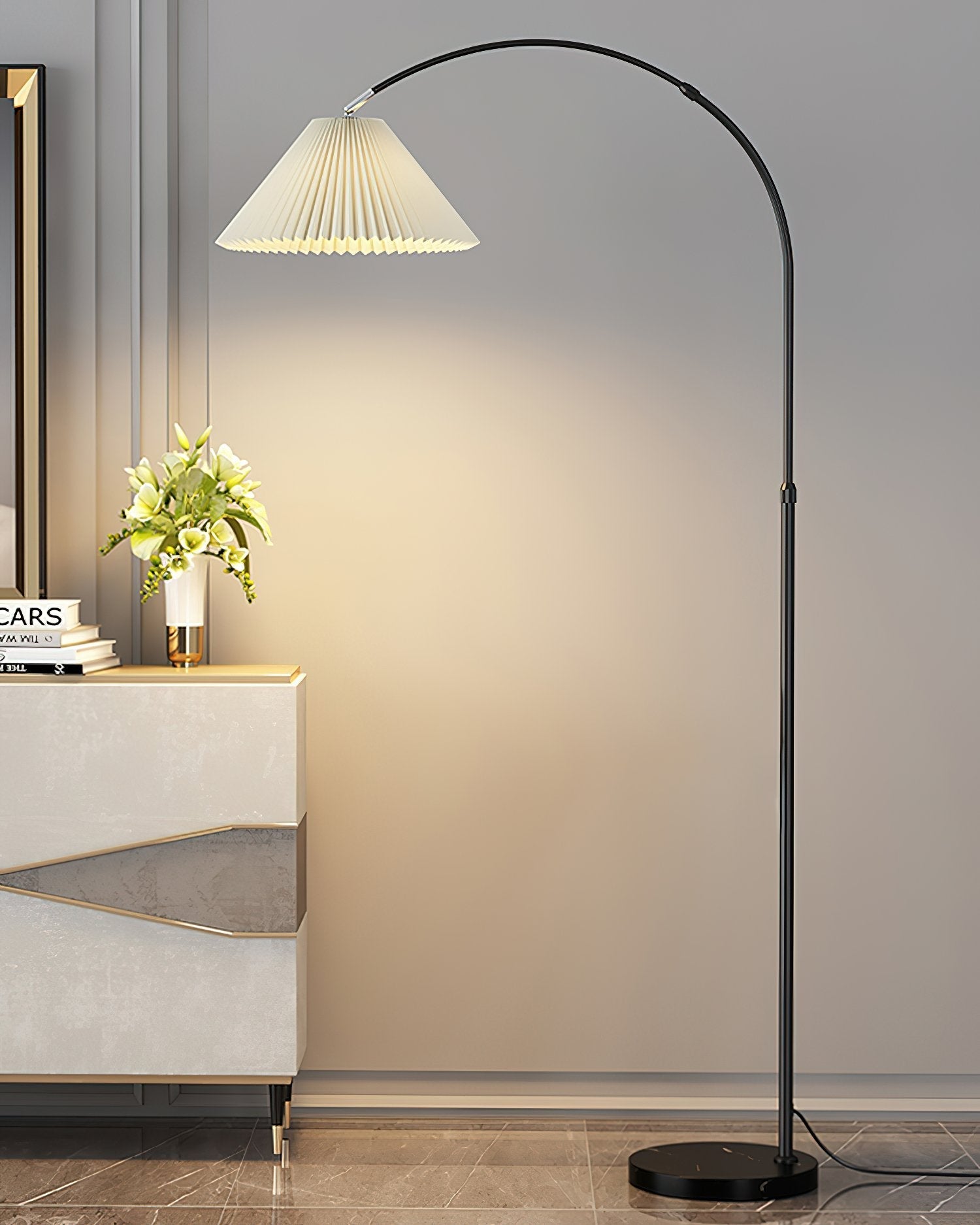 modern-arched-floor-lamp-with-pleated-white-shade-and-matte-black-metal-frame